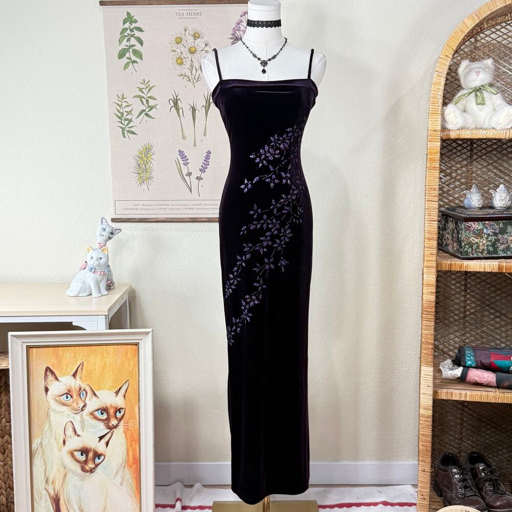 Vtg 90s Y2k Purple Glitter Floral Velvet Formal Dress Whimsigoth Romantic Goth S